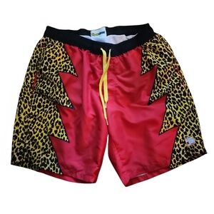 Tipsy Elves X Slim Jim's Mens Swim Trunks Red With Leopard Print On Sides Sz Lrg